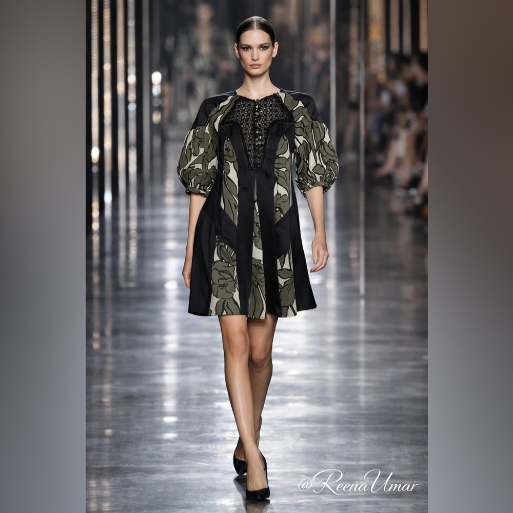 BCBGMaxAzria Black & Olive Floral Panel Mini Dress – Beaded Bodice (XXS)